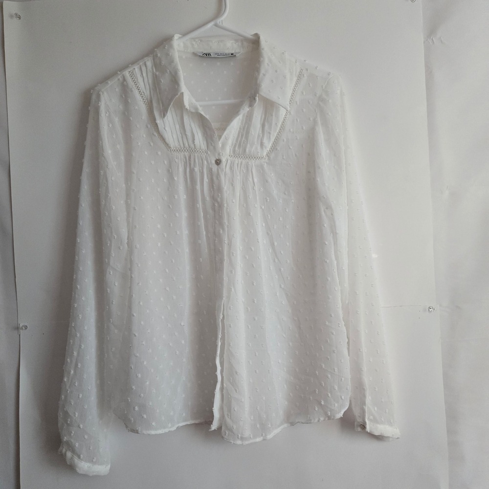 Zara White Swiss Dot Lace Trim Button Up Blouse Small Semi Sheer Boho Top